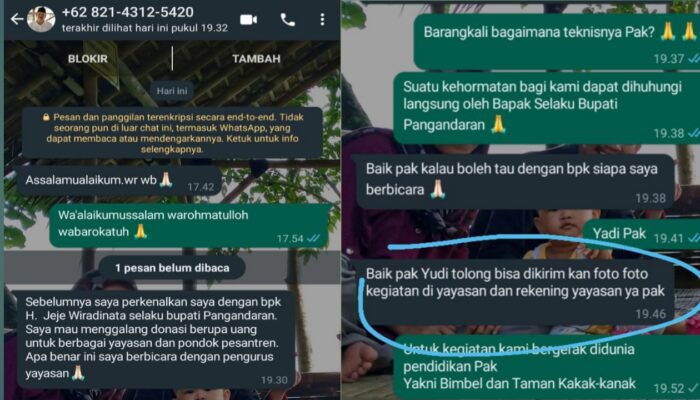 Modus Penipuan Mengatasnamakan Bupati Pangandaran H Jeje Wiradinata Beredar Di Whatsapp