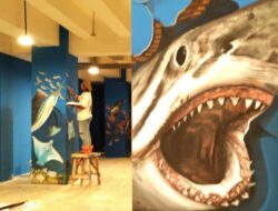 Menjelang Soft Opening Aquarium Indonesia Pangandaran,7 Pelukis Hiasi Dinding Tiang Gambar Biota Laut 3 Dimensi
